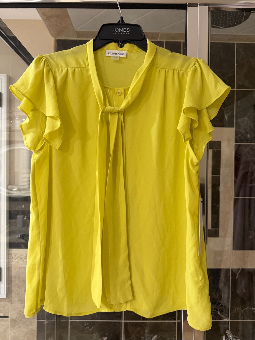 Calvin Klein Bright Yellow Tie-Neck Ruffle Sleeve Blouse